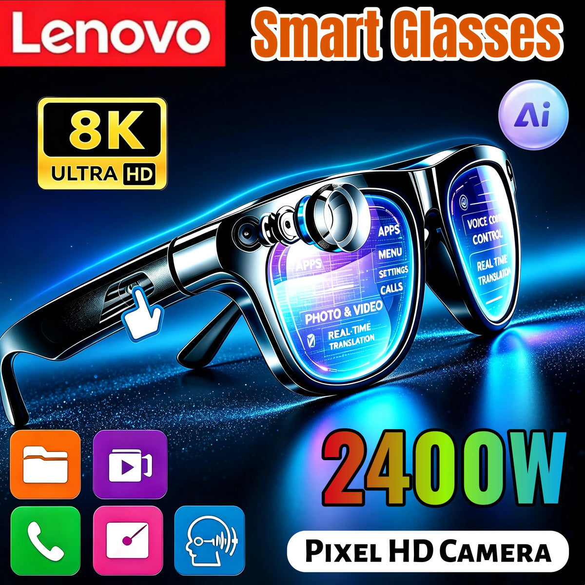 Lenovo Smart Glasses AI Translation 8MP HD Camera 8K Shooting Image Bluetooth Call Video Record Music Smart Motorcycle Glasses