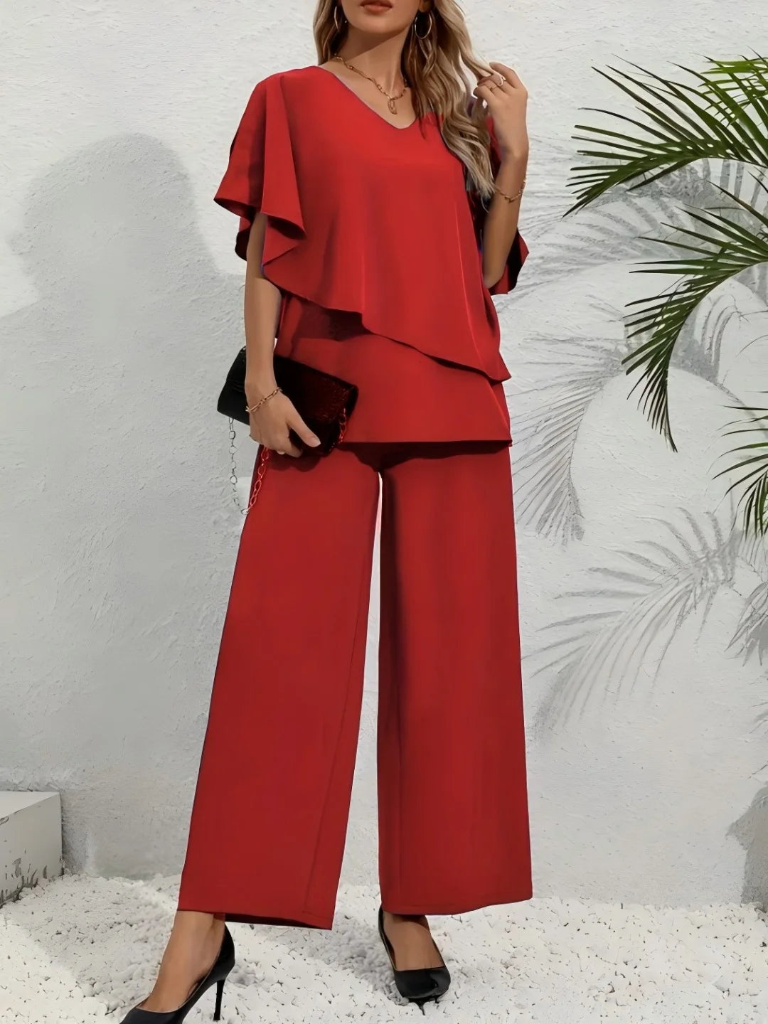 Plus Size Women's Multi-Color Ruffle Sleeve V-Neck Top + Wide Leg Pants 2-Piece Set - Elegant Casual Party Style (0XL-4XL)