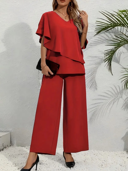 Plus Size Women's Multi-Color Ruffle Sleeve V-Neck Top + Wide Leg Pants 2-Piece Set - Elegant Casual Party Style (0XL-4XL)