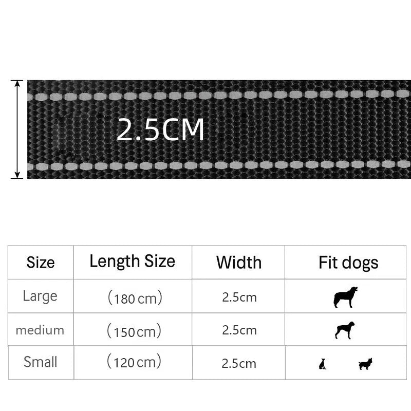 Hundkoppel i nylon med två handtag – reflekterande träningskoppel 120, 150 eller 180 cm