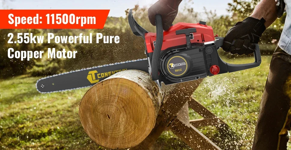 CONENTOOL Professional 58CC Gas Petrol Chainsaw 20" Chain Saw 2.55kW High Power Wood Cutter for Tree Felling Firewood Farm Forestry Garden Tool