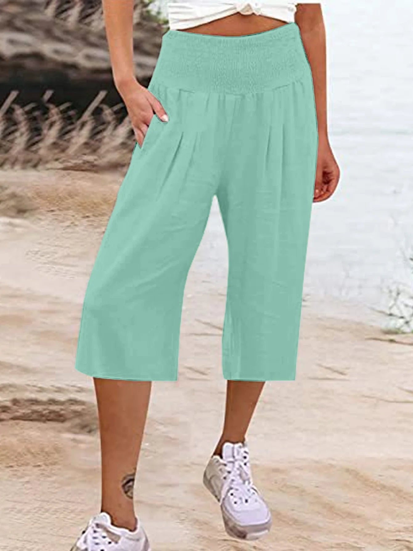 Summer 2024 Amazon Eurn women's cross-border cotton hemp seven waist pocket pocket pocket pocket wide leg pants woman