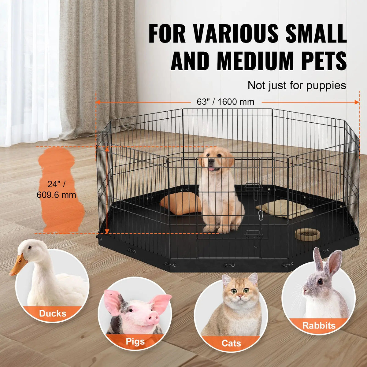 Dog Playpen, 8 Panels Foldable Metal Dog Exercise Pen with Bottom Pad, 61 cm H Pet Fence Puppy Crate Kennel with Ground Stakes, Indoor Outdoor Dog Pen for Small Medium Pets, for Camping, Yard