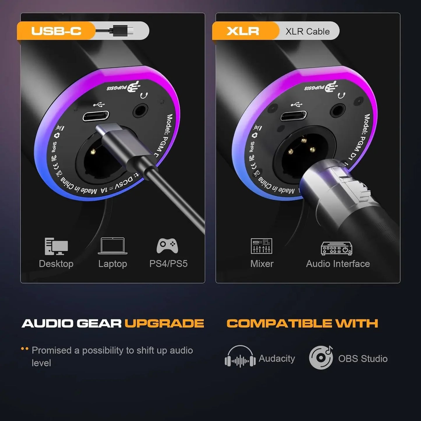 XLR/USB Gaming Microphone Kit: Dynamic PC Mic for Streaming Podcasting,  Mute Button, Reverb Effects, RGB Computer Mic with Arm