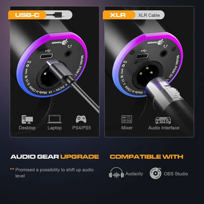 XLR/USB Gaming Microphone Kit: Dynamic PC Mic for Streaming Podcasting,  Mute Button, Reverb Effects, RGB Computer Mic with Arm
