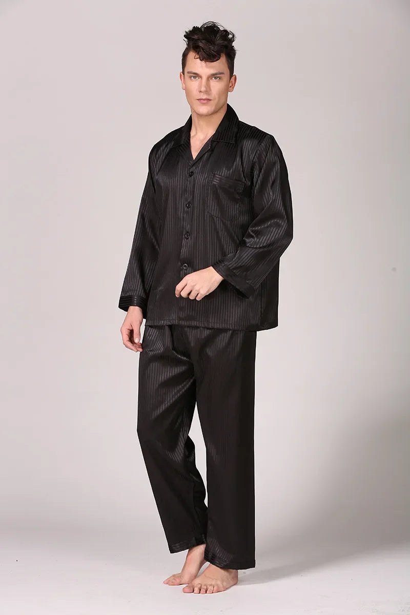 Pyjamasset herr med satinkänsla – långärmad överdel och långbyxor, L–3XL