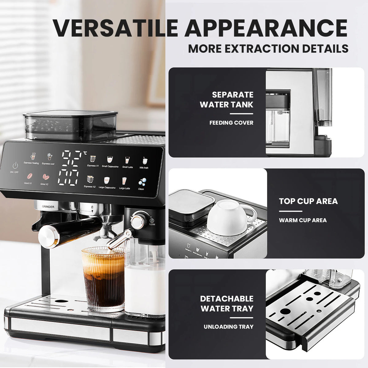 All-in-One Espresso Machine with Titanium Grinder, TFT Touchscreen, Pre-Infusion & Auto Milk Frother, Hot & Cold Brew, 8 Presets, Black/Silver