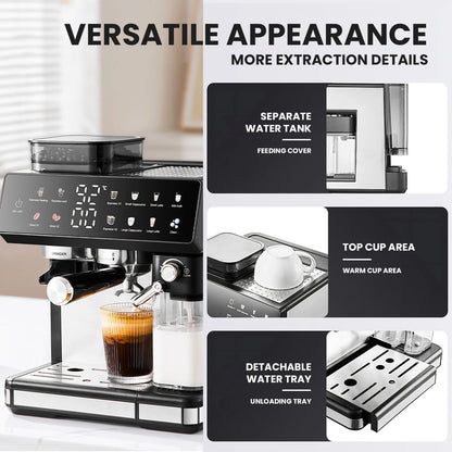 All-in-One Espresso Machine with Titanium Grinder, TFT Touchscreen, Pre-Infusion & Auto Milk Frother, Hot & Cold Brew, 8 Presets, Black/Silver