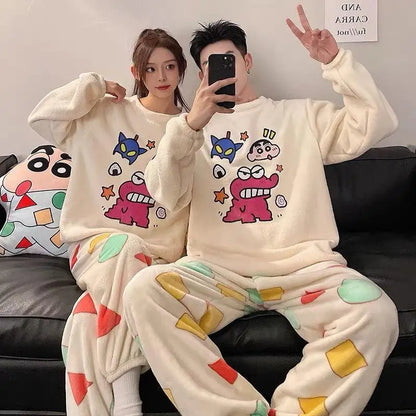 Kawaii Crayon Shin-Chan Couple Pajamas Set New Men's/women's Fashion Casual Pajama Plush Coral Fleece Winter Cartoon Homeclothes
