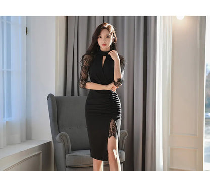 H Han Queen Hot Sale Elegant Fashion Lace Fold Split Pencil Dress Simple Series Dresses Women Korean Mid Office Casual Vestidos