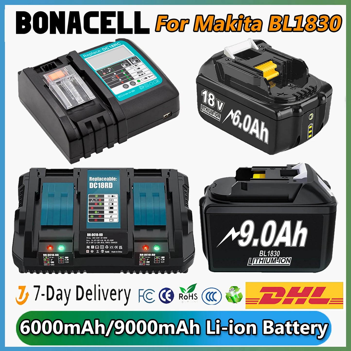 For Makita BL1830 Battery Rechargeable 6000mAh/9000mAh BL1840 BL1850 BL1860 18V Replacement With Single 4A/Dual 6A Charger