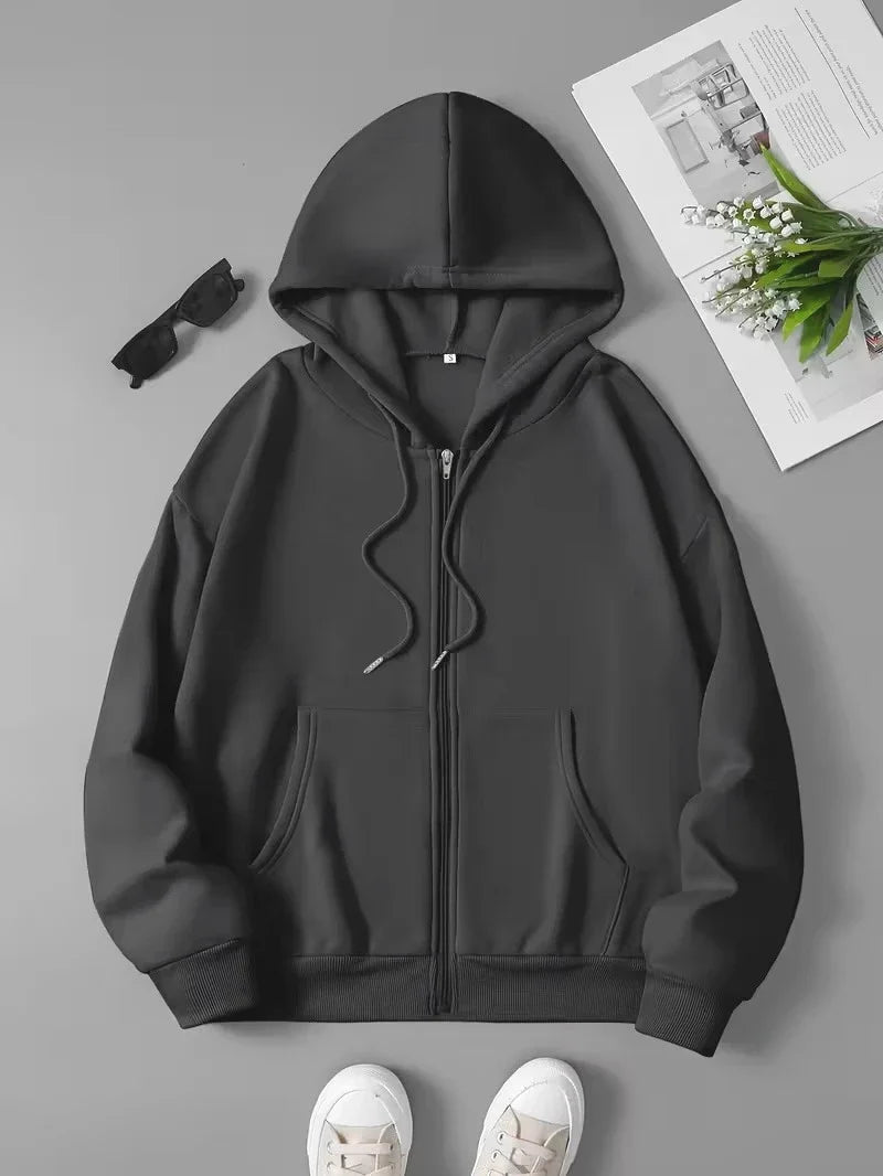 Black White Women's Zipper Hoodies Jacket Cotton Fleece Hoody Sweatshirt Pullover Autumn Winter Oversized Loose Tops Coat Unisex