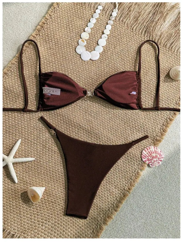 Cikini Women's Sexy Bikini Two Pieces Set Accessories Glossy Texture Special Fabric Solid Color Summer Beach Swimwear