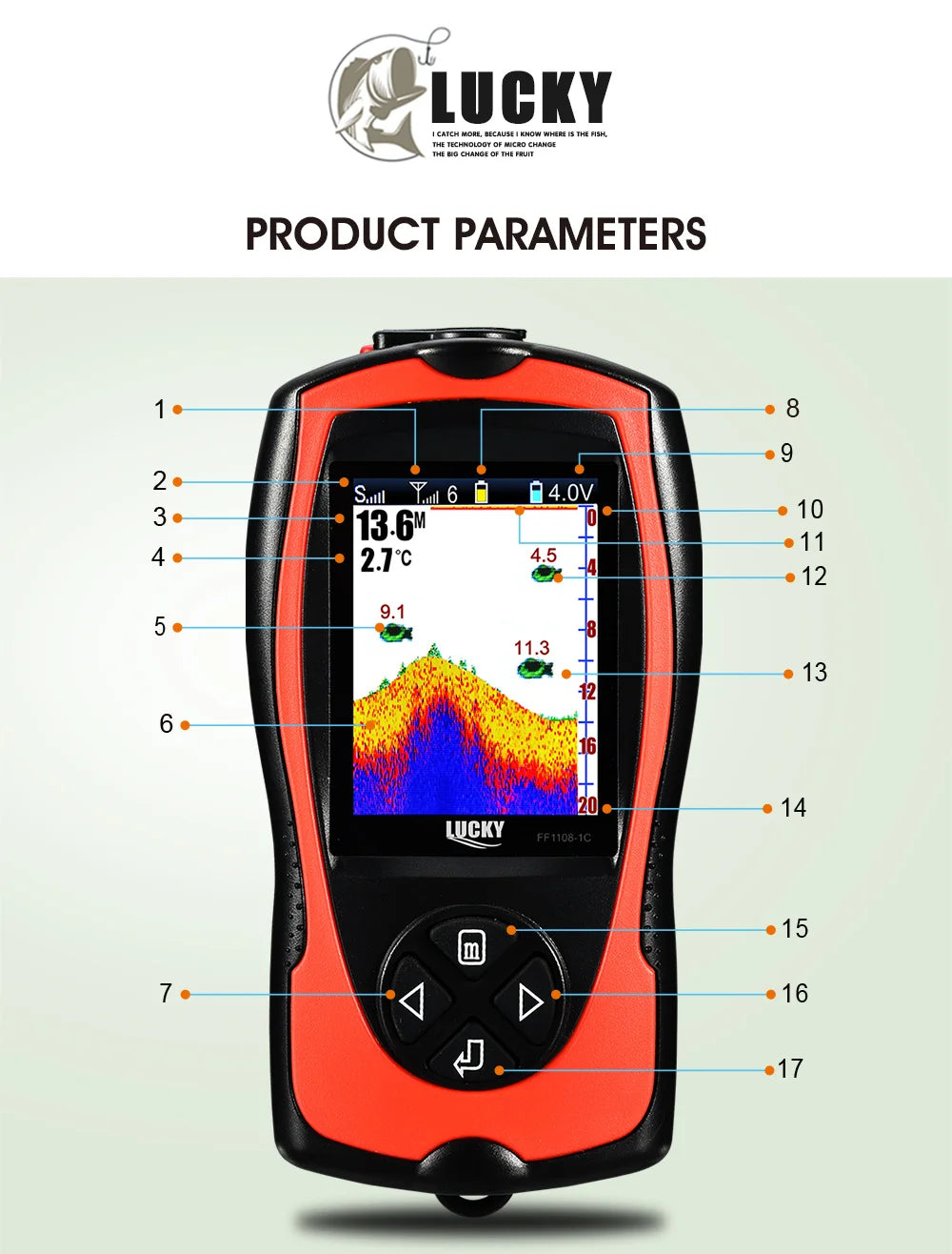 LUCKY FF1108-1CWLA Sonar Fish Finder Portable Wireless Rechargeable Echo Sounder 45M Water Depth Sensor for Fishing
