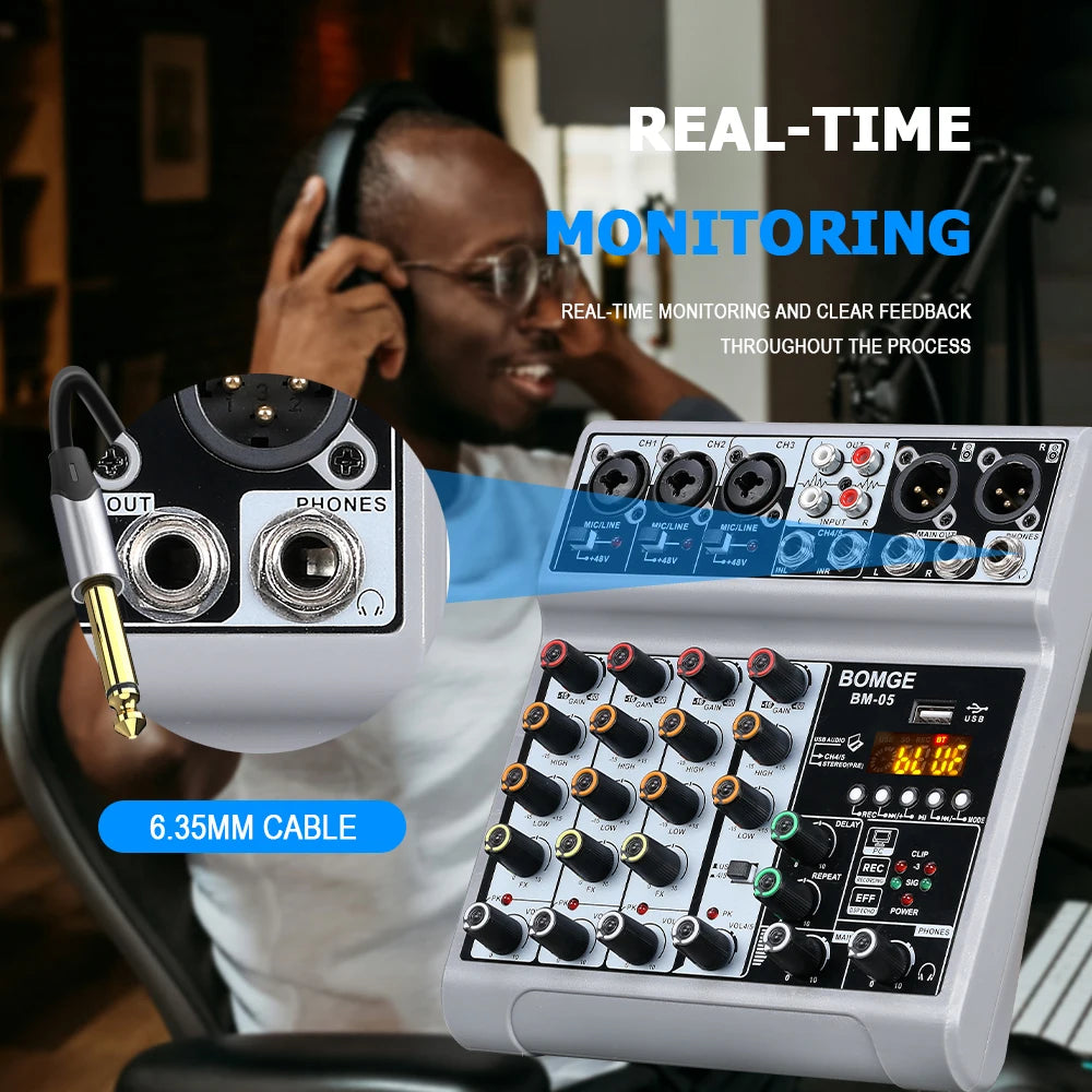BOMGE 5 Channel Mixer with 3 Mic Line Input 48V Stereo Bluetooth MP3 PC U Dish Recording for Studio with Headphone Monitoring