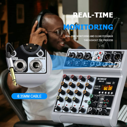 BOMGE 5 Channel Mixer with 3 Mic Line Input 48V Stereo Bluetooth MP3 PC U Dish Recording for Studio with Headphone Monitoring
