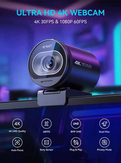 4K Webcam EMEET S600 SmartCam With Tripod USB Camera for Computer/Laptop Autofocus Sony Sensor 60FPS@1080P Streaming Web Camera