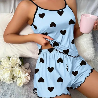 Pyjamasset dam med hjärttryck – överdel och shorts, M–XL