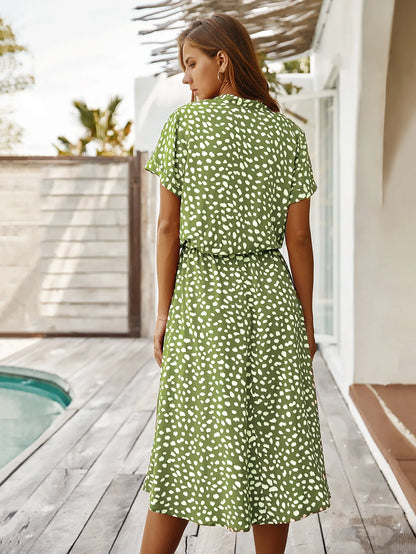Vintage Blommig Boho Skjortklänning – Kortärmad, Lång, Nedvikt Krage, Skärp, 6 Färger, S–XL