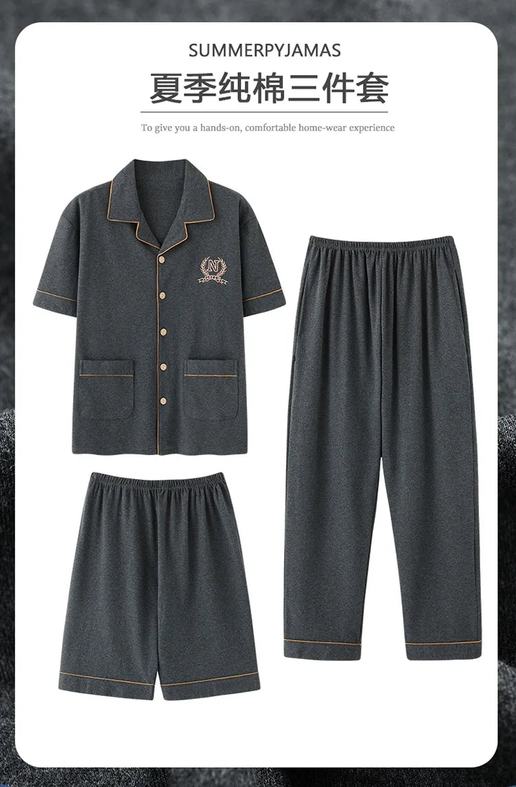 2023 New Cotton Sleepwear Men's 3 Pieces Set Homewear Plus Size 4XL Cardigan Nightwear Short Sleep Tops & Shorts & Long Pants