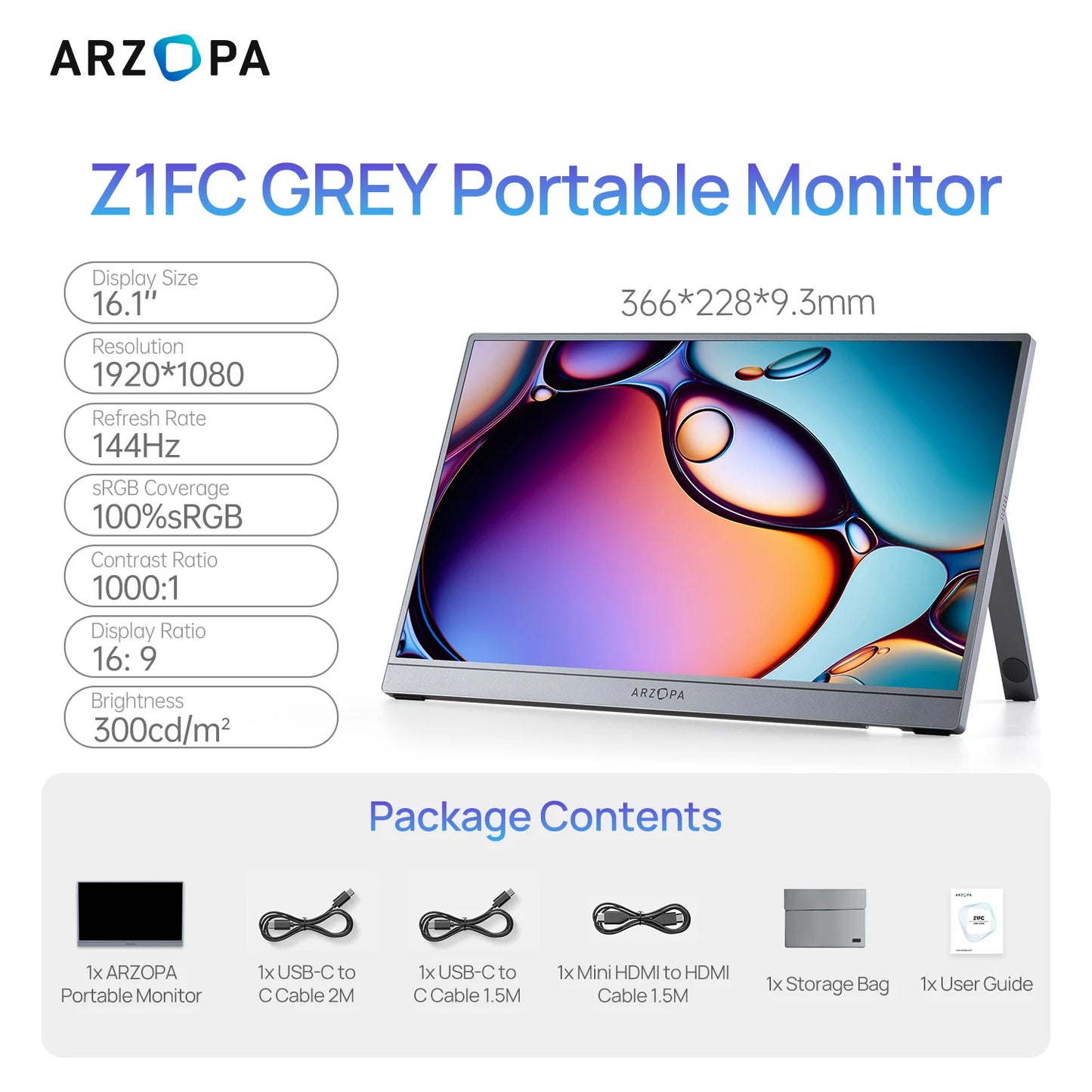 [GREY}ARZOPA 15.6/16.1inch 144/60HZ Mini Second Gaming Display Portable Monitor External Screen for MAC/Laptop/PC/Xbox/PS/Switch