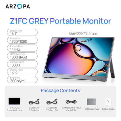 [GREY}ARZOPA 15.6/16.1inch 144/60HZ Mini Second Gaming Display Portable Monitor External Screen for MAC/Laptop/PC/Xbox/PS/Switch