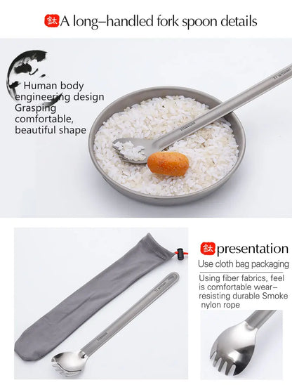 Tiartisan Titaniumsked & Spork – Ultralättviktig 15g, Långt Handtag, Frostad/Polerad, Camping