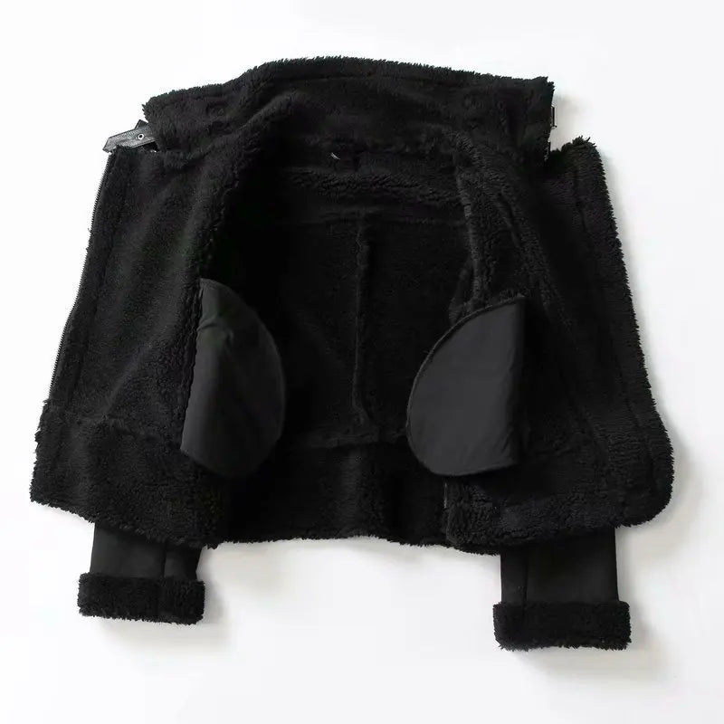 Varm Lammskinnsjacka Dam – Kort Motorcykelstil, Faux Shearling, Mocka, 2 Färger, XS–XL