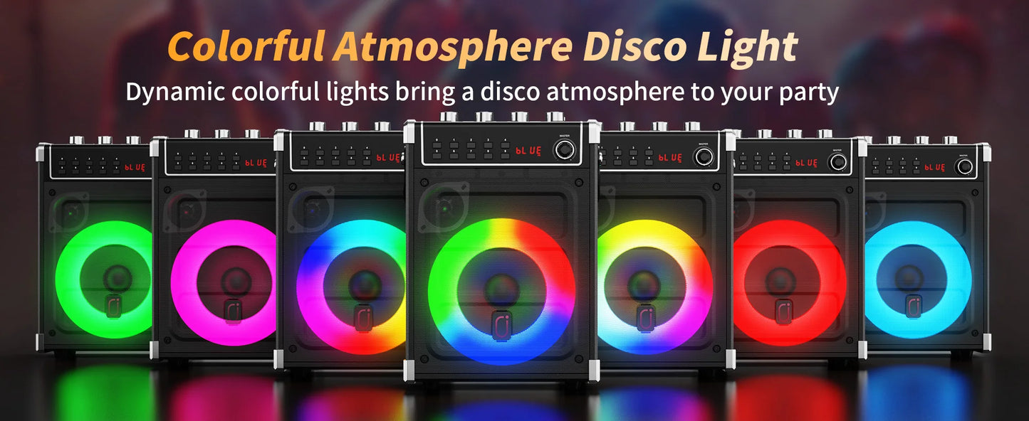 69-black Karaoke Machine with 2 UHF Wireless Microphones, Bluetooth Speaker with Bass/Treble Adjustment and LED Light, PA System