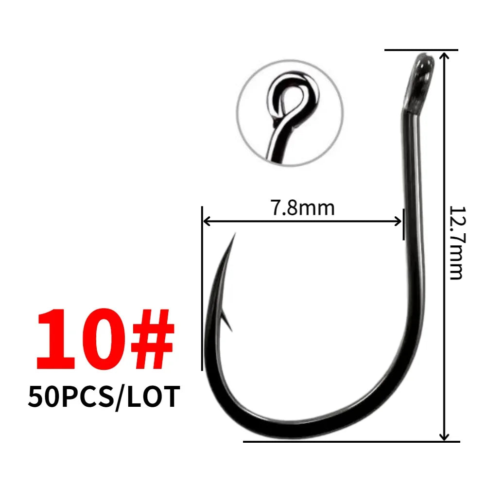 50PCS Single Circle Offset Fishing Hooks – High Carbon Steel Barbed for Carp Fly Fishing & Sea Tackle