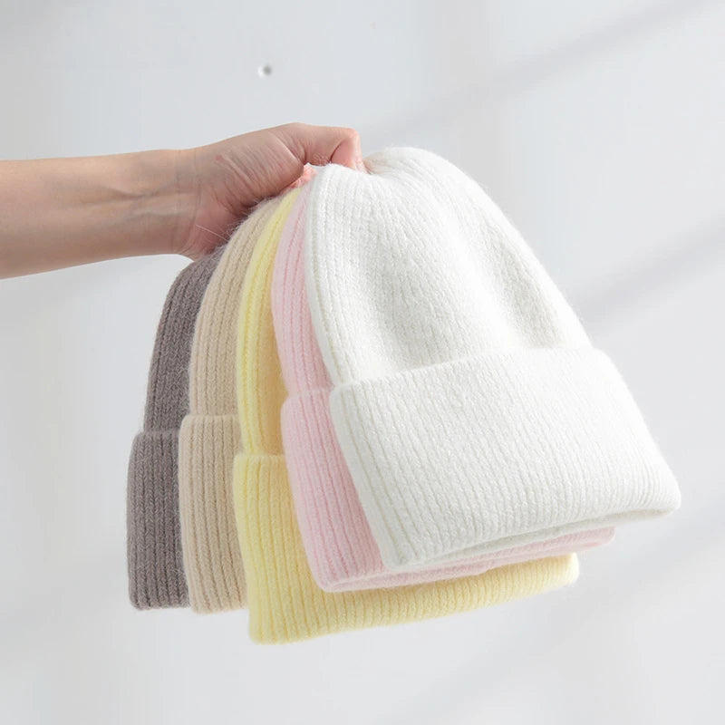 Fluffy Angora Hat Rabbit Fur Warm Winter hat For Womans Cashmere Wool Soft Beanies Blue Knitted Hat Outdoor Ski Female