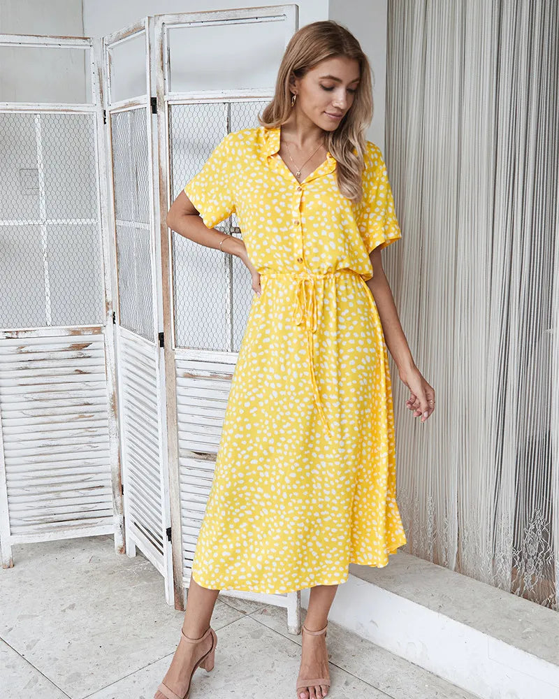 Vintage Blommig Boho Skjortklänning – Kortärmad, Lång, Nedvikt Krage, Skärp, 6 Färger, S–XL