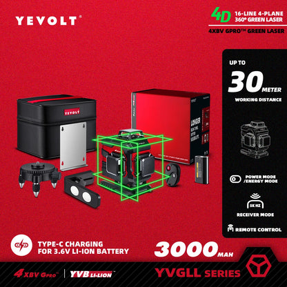 YEVOLT YVGLL4XS16 Grön Lasernivå – 4 Plan, 16 Linjer, Självnivellerande 360° 3D