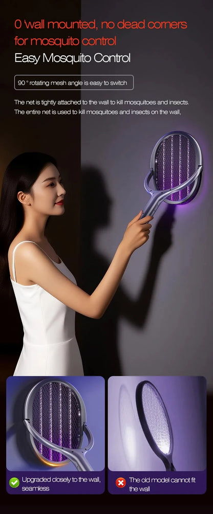 Telescopic Electric Mosquito Swatter & UV Trap Lamp, Extendable 109cm, Safe Physical Killer, Rechargeable, Wall Mount No Gap