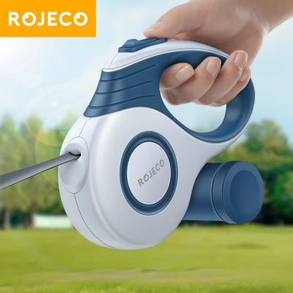 ROJECO Indraget Hundkoppel 3–5 m – Automatisk Lina för Små & Stora Hundar, Brun/Röd/Blå