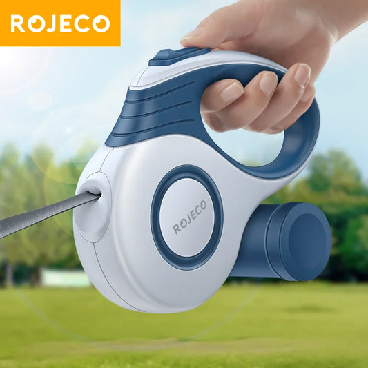 ROJECO Indraget Hundkoppel 3–5 m – Automatisk Lina för Små & Stora Hundar, Brun/Röd/Blå