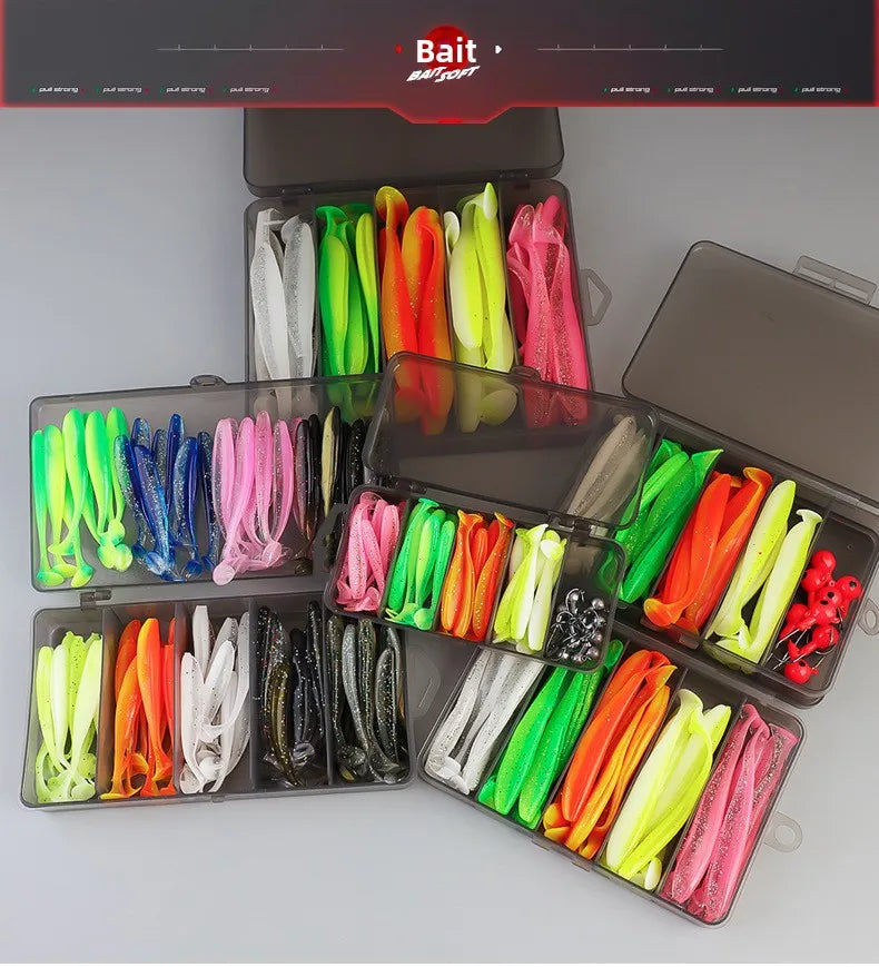 Soft Tail Bait Set Fake Bait 5.5/7/9/12cm Two-color Fishing Lure with Lead Head Hook for Angling