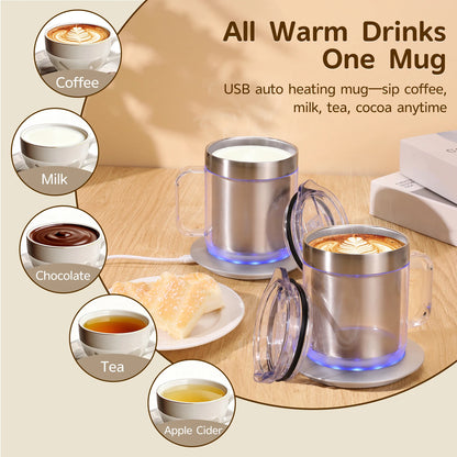 Self Heating Coffee Mug Thermos Electric Mug with Cup and Lid 55℃/131℉ Double Layer Food Grade Cup Warmer for Office/Home/Gifts