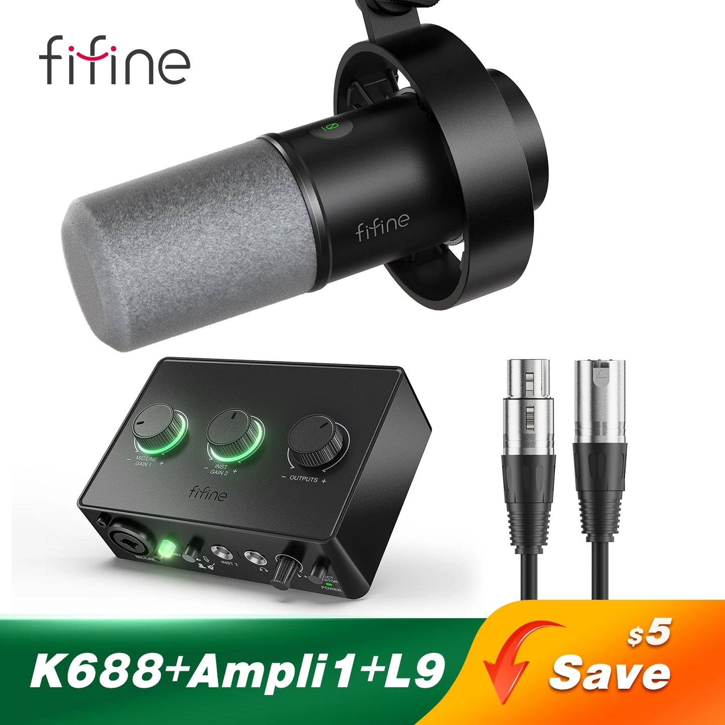 FIFINE Podcast Microphone Audio Mixer Headset Kit with Boom Arm for PC,Recording Studio Microphone for Youtube-K688/H8/Ampli1