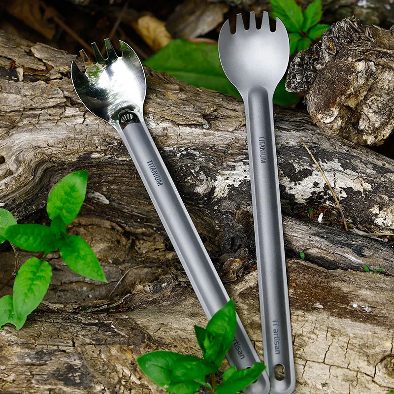 Tiartisan Titaniumsked & Spork – Ultralättviktig 15g, Långt Handtag, Frostad/Polerad, Camping