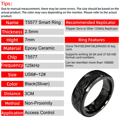 T5577 RFID 125kHz Chip Dragon Pattern Ceramic Ring Rewritable Clone EM4100 Cabinet Lock Key Cards