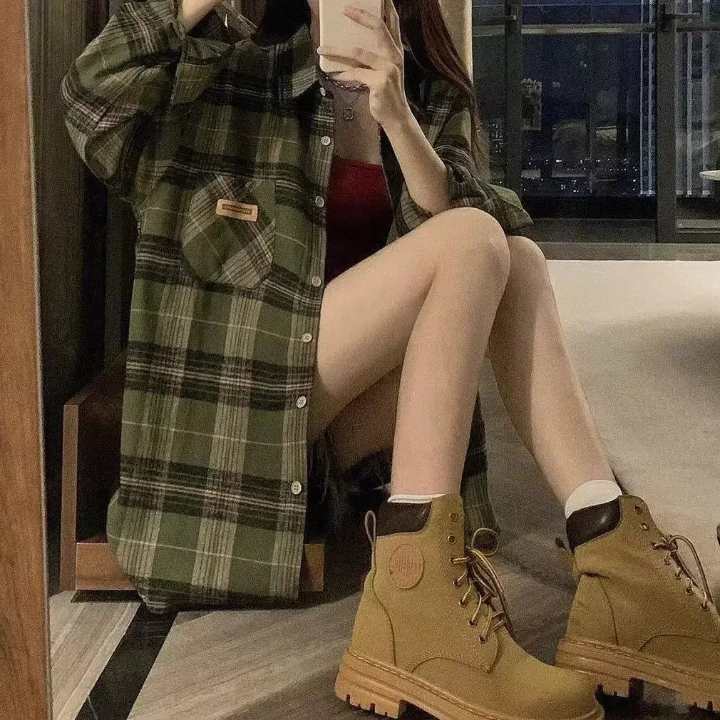 Vintage Dark Green Plaid Shirt Women Long Sleeve Oversized American Casual Fall Layering Top Blouse Coat Jacket