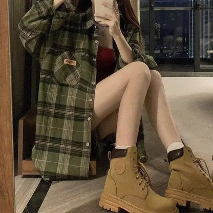 Vintage Dark Green Plaid Shirt Women Long Sleeve Oversized American Casual Fall Layering Top Blouse Coat Jacket