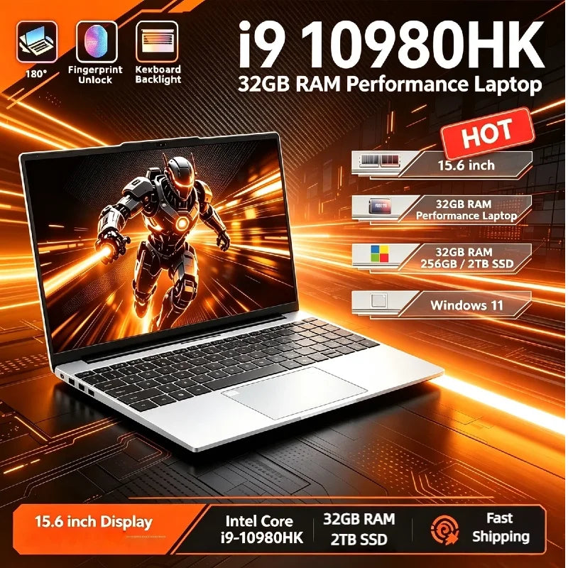 15.6" Ultra Slim Gaming  Laptop Intel i9-10980HK Win11 Pro 32GB RAM 2TB SSD 1920*1080 FHD Display Fingerprint Unlock Notebook PC