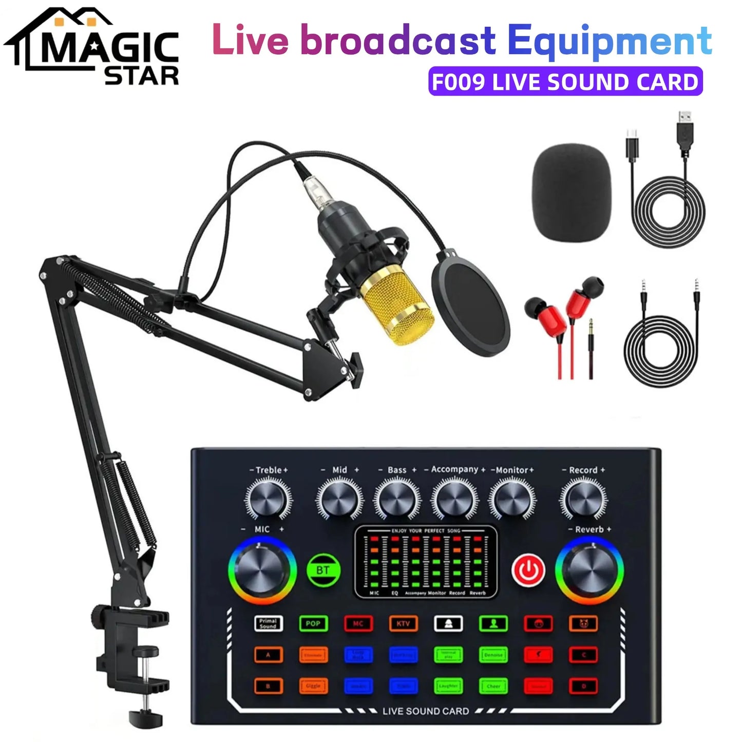 Podcast Equipment Bundle with BM800 Studio Microphone, Live Sound Card with DJ Mixer Effects, Suitable for Live Game, Streaming