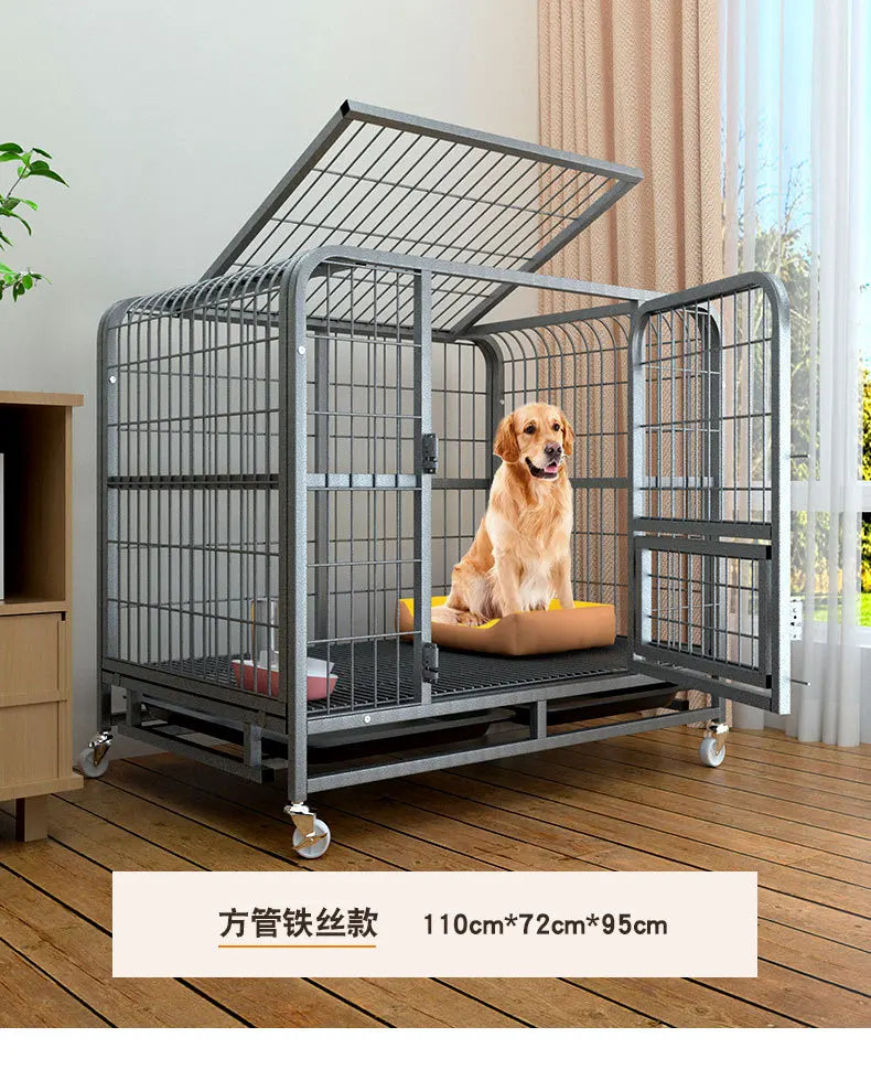 Heavy Duty Square Tube Dog Cage for Medium Large Dogs Indoor Metal Kennel with Toilet Tray Foldable Iron Pet Crate Furniture