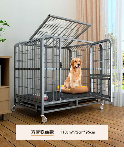 Heavy Duty Square Tube Dog Cage for Medium Large Dogs Indoor Metal Kennel with Toilet Tray Foldable Iron Pet Crate Furniture