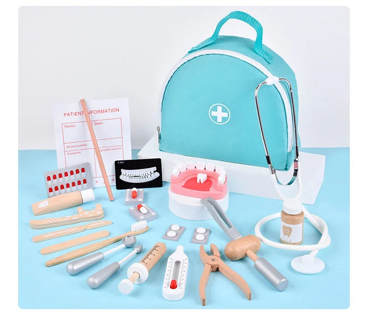 Lekläkare leksaker trä simulation tandläkare undersökning borsta tänder medicin set rollspel pedagogiska leksaker för barn