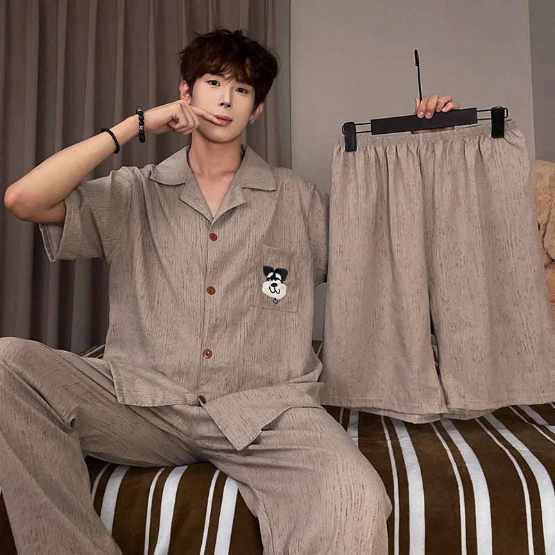 High Quality Khaki with Embroidered Dogs Couples Homewear Women's Pajamas Set Cute Casual Short-Sleeve 3 Piece Men Pajamas Set