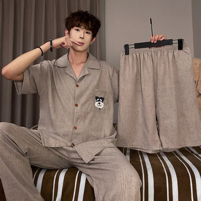 High Quality Khaki with Embroidered Dogs Couples Homewear Women's Pajamas Set Cute Casual Short-Sleeve 3 Piece Men Pajamas Set